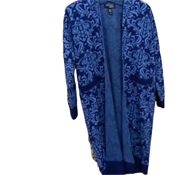 Jacquard Draped Open Front Duster Cardigan Blue Floral Relaxed Fit plus size 2XP - Picture 2 of 8